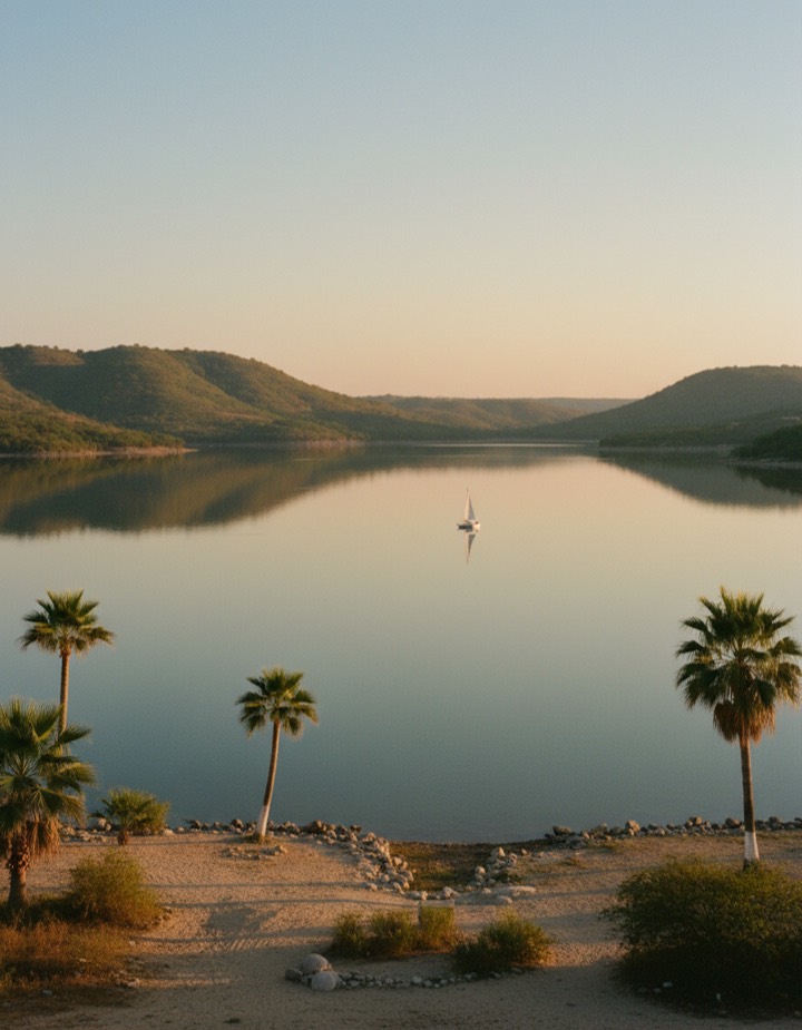Lago de Tequesquitengo con un velero a lo lejos